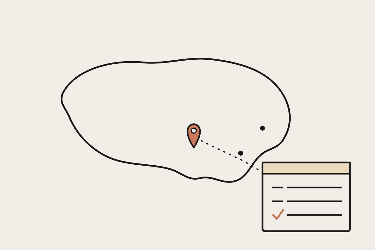 A simplified map of Australia with a terracotta pin marking Adelaide, connected by a dashed line to a small checklist notepad with one terracotta tick.
