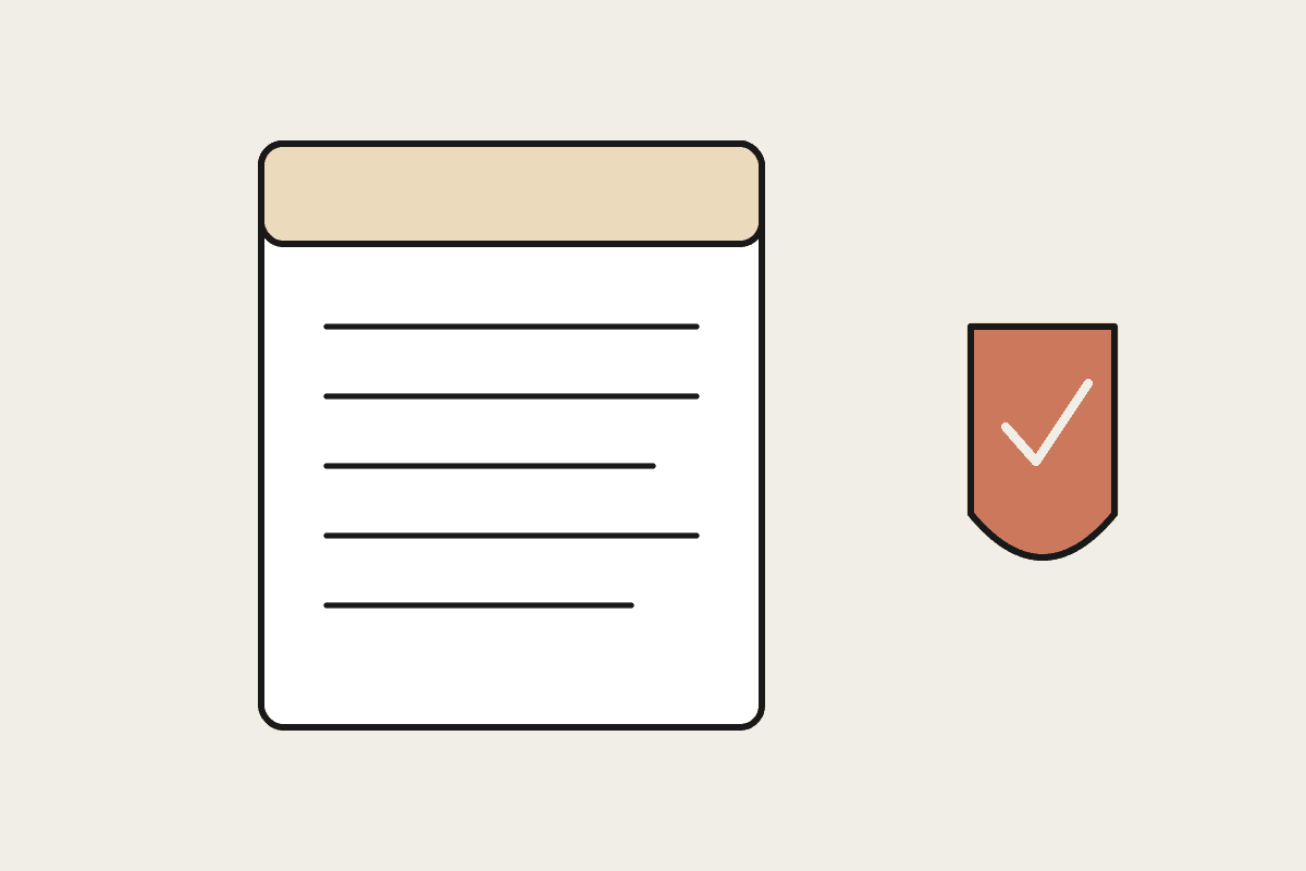 A single-page AI risk assessment sheet beside a shield with a tick, brand illustration