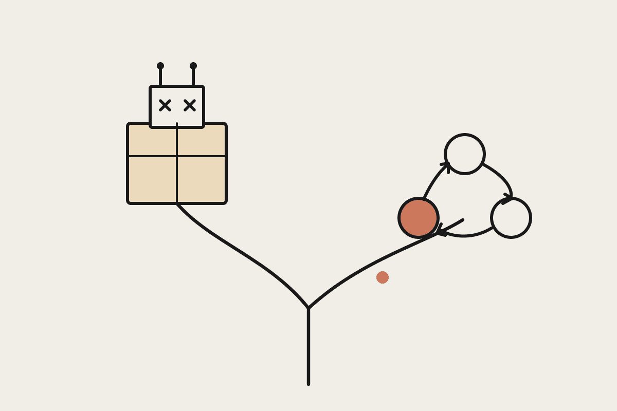 A single road forks in two: the left path leads to a rigid boxy robot with X eyes, the right path, marked with a terracotta dot, leads to a smooth three-node agent loop.