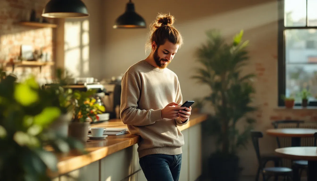 A small business owner checking their phone at a cafe counter