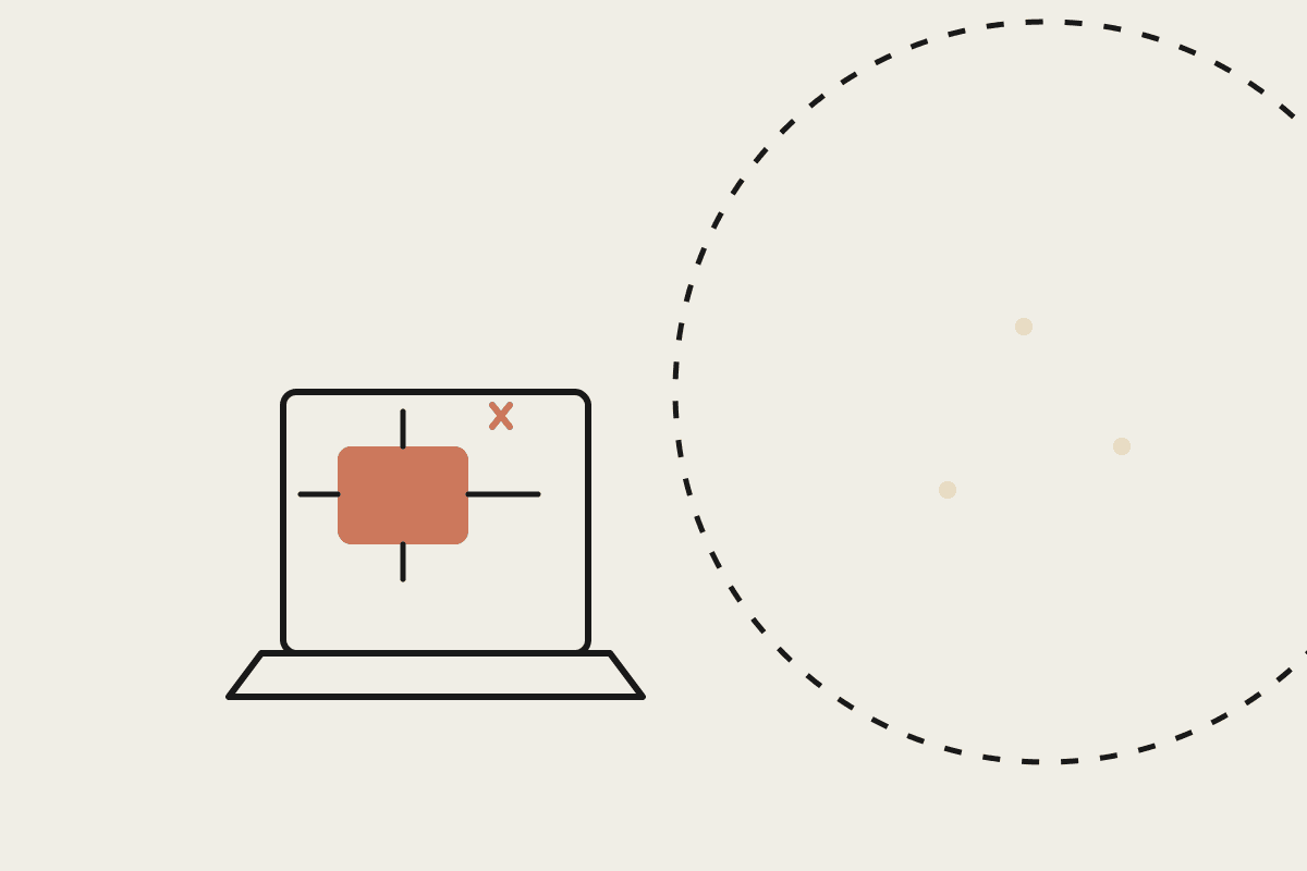 A small chip glowing on a laptop screen beside the faint outline of a much larger circle