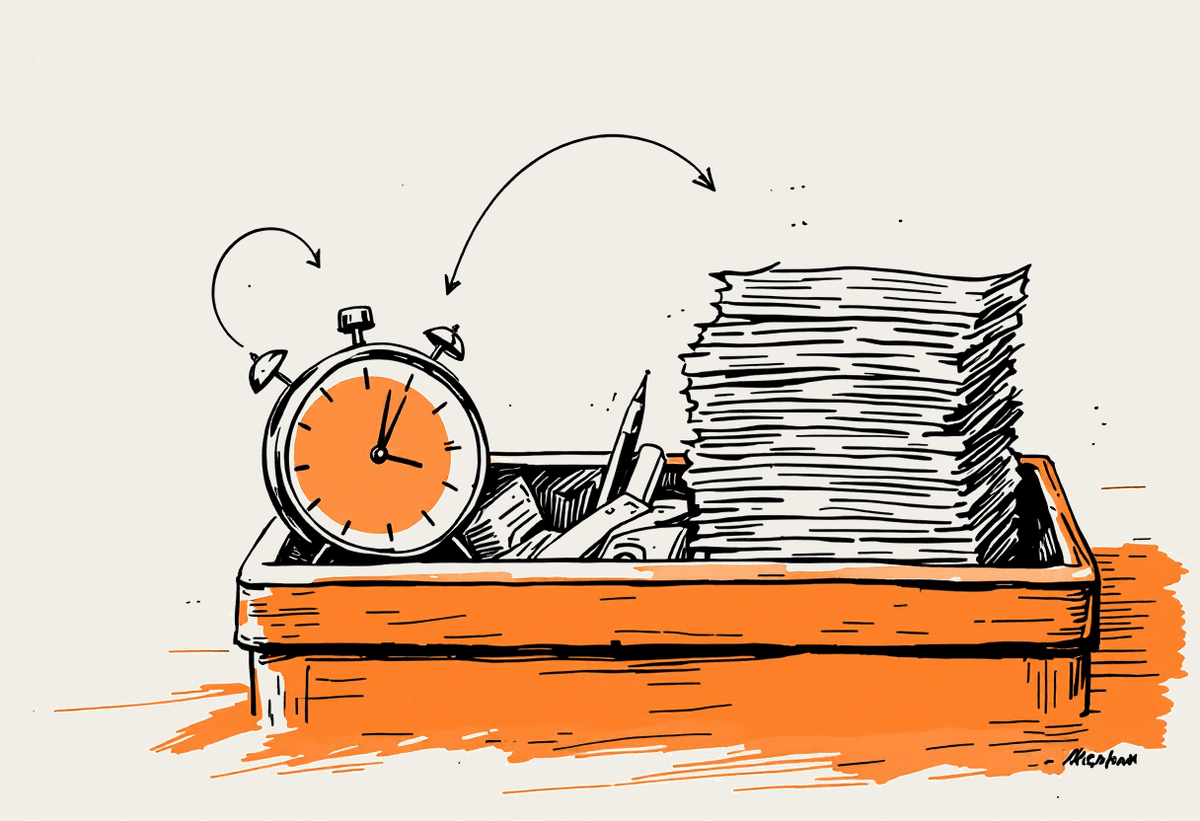 Hand-drawn clock feeding a stack of finished reports into an out-tray