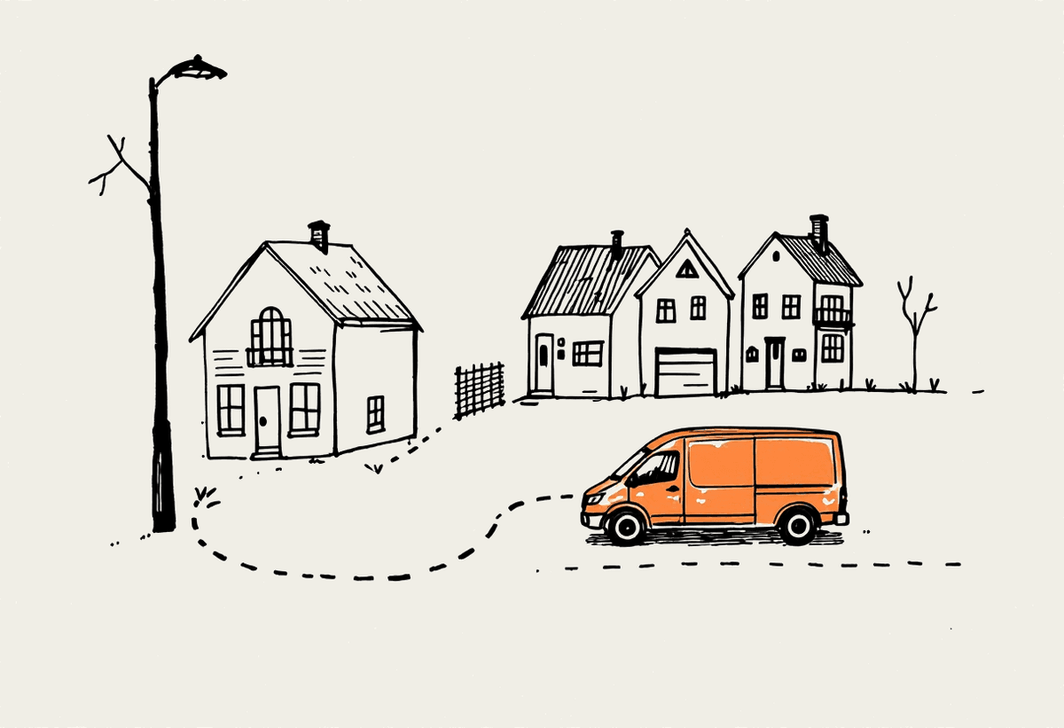 Hand-drawn illustration of a delivery van following a dotted route between houses