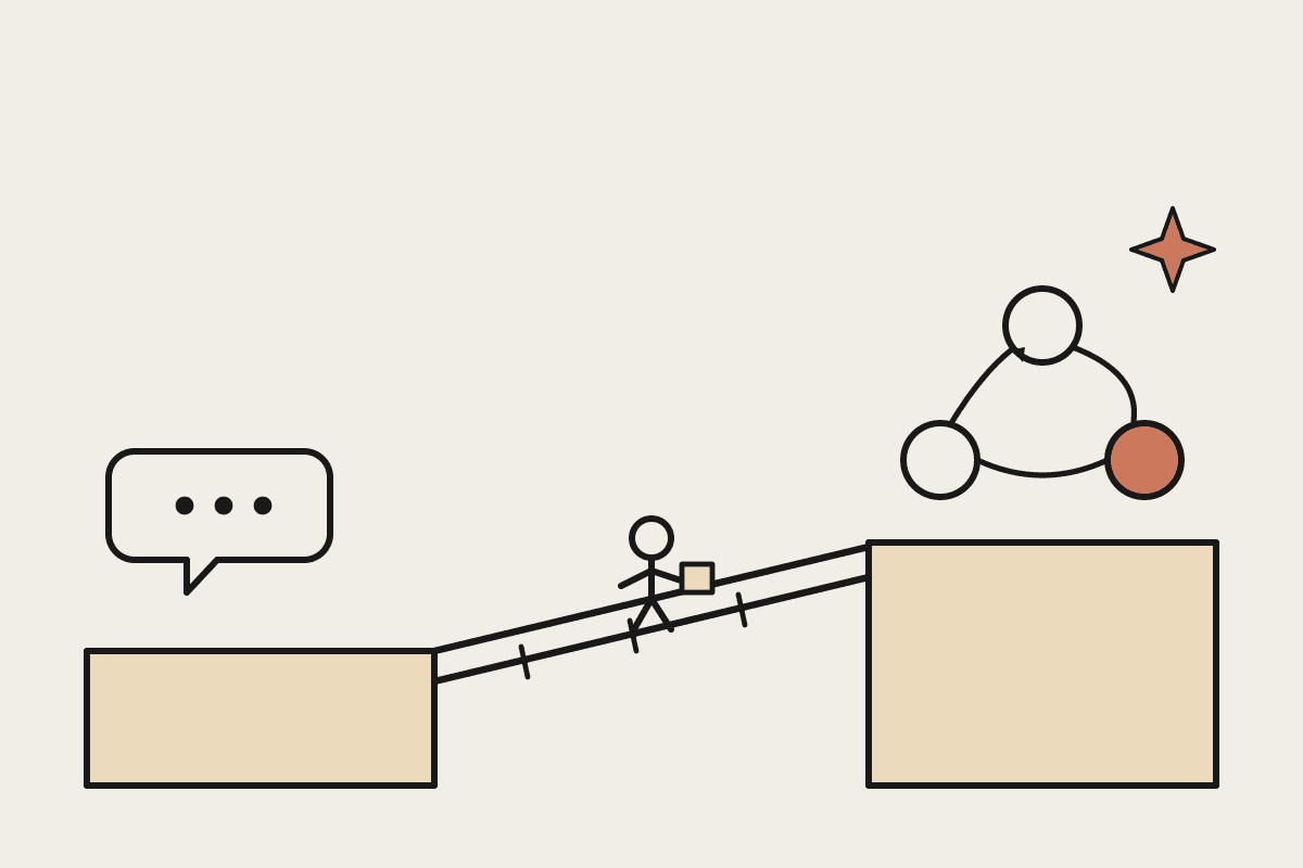 A small figure carries a box across a plank bridge from a plain chat bubble on a lower ledge to a terracotta three-node Claude agent loop on a higher ledge, with a terracotta sparkle marking the destination