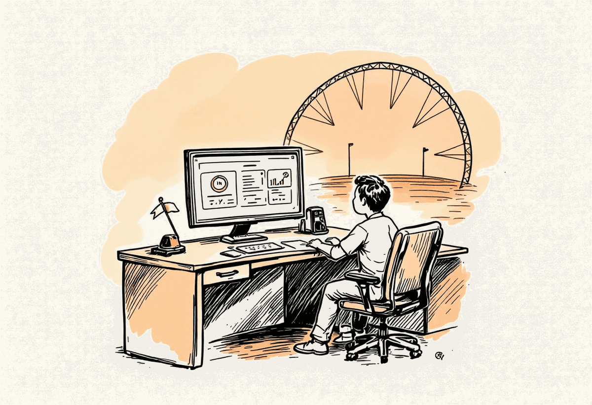 Illustrated figure reviewing a sports analytics dashboard at a desk with a stadium arc in the background