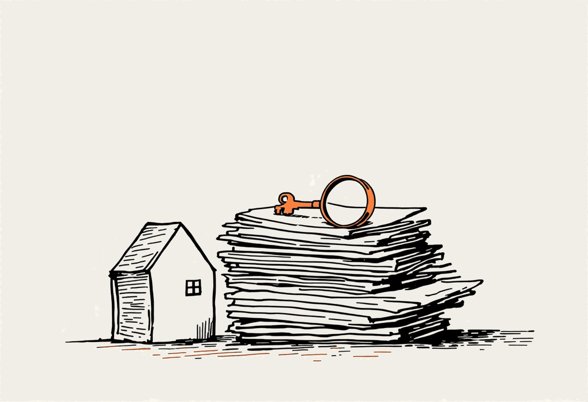 Hand-drawn illustration of a house, a stack of documents, and a magnifying glass representing real estate contract review