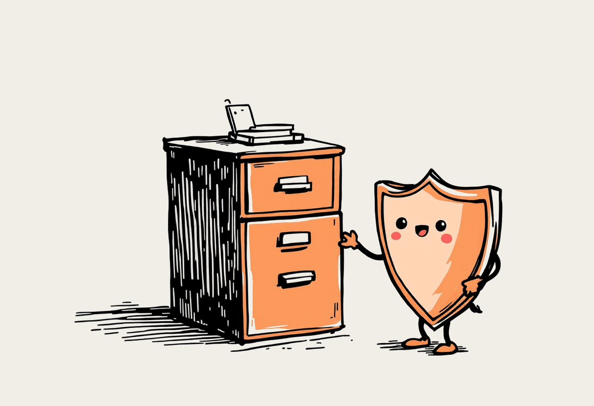 Hand-drawn illustration of a filing cabinet with a friendly shield character standing guard beside it