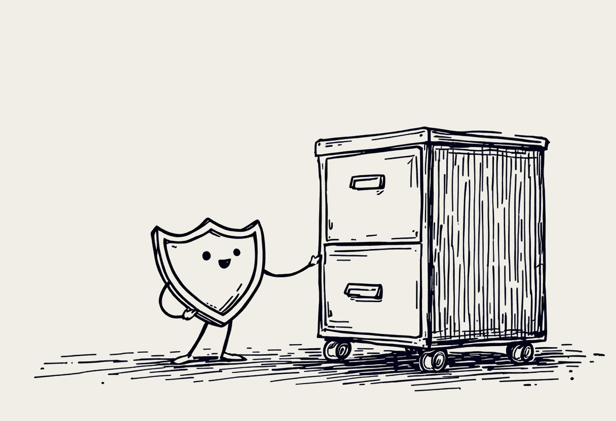 Hand-drawn illustration of a filing cabinet guarded by a small shield character, representing healthcare data protection