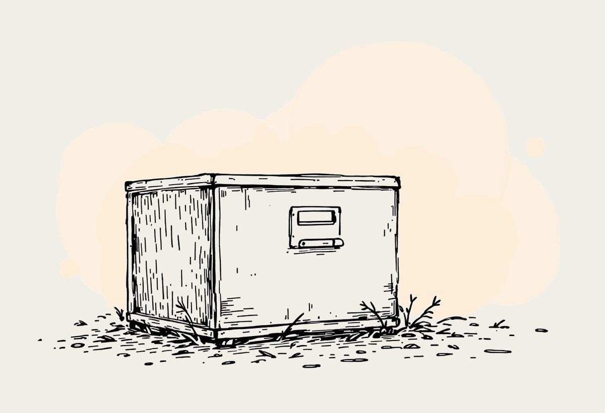 Hand-drawn filing cabinet with a small shield character on cream paper