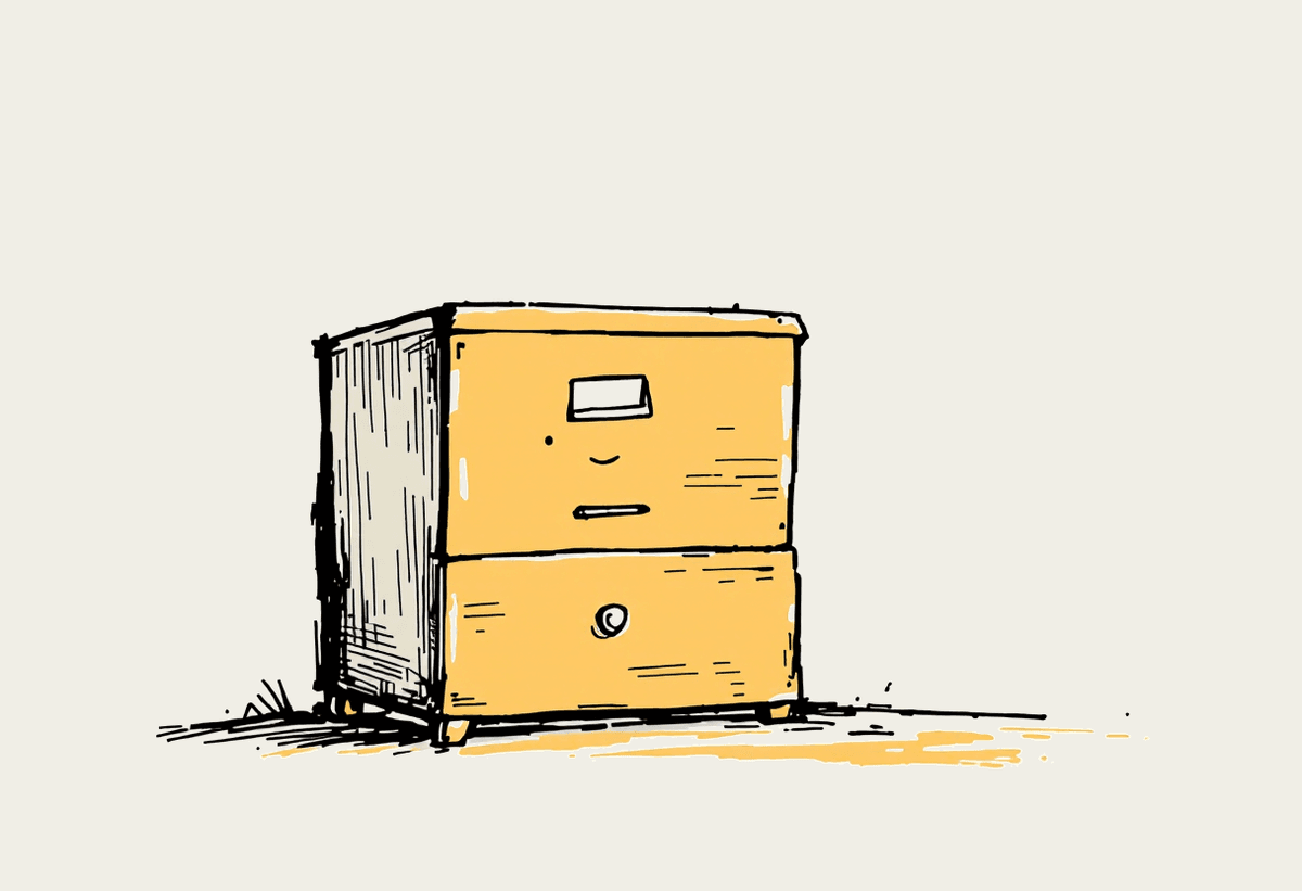 Hand-drawn illustration of a filing cabinet beside a small shield character, representing AI governance