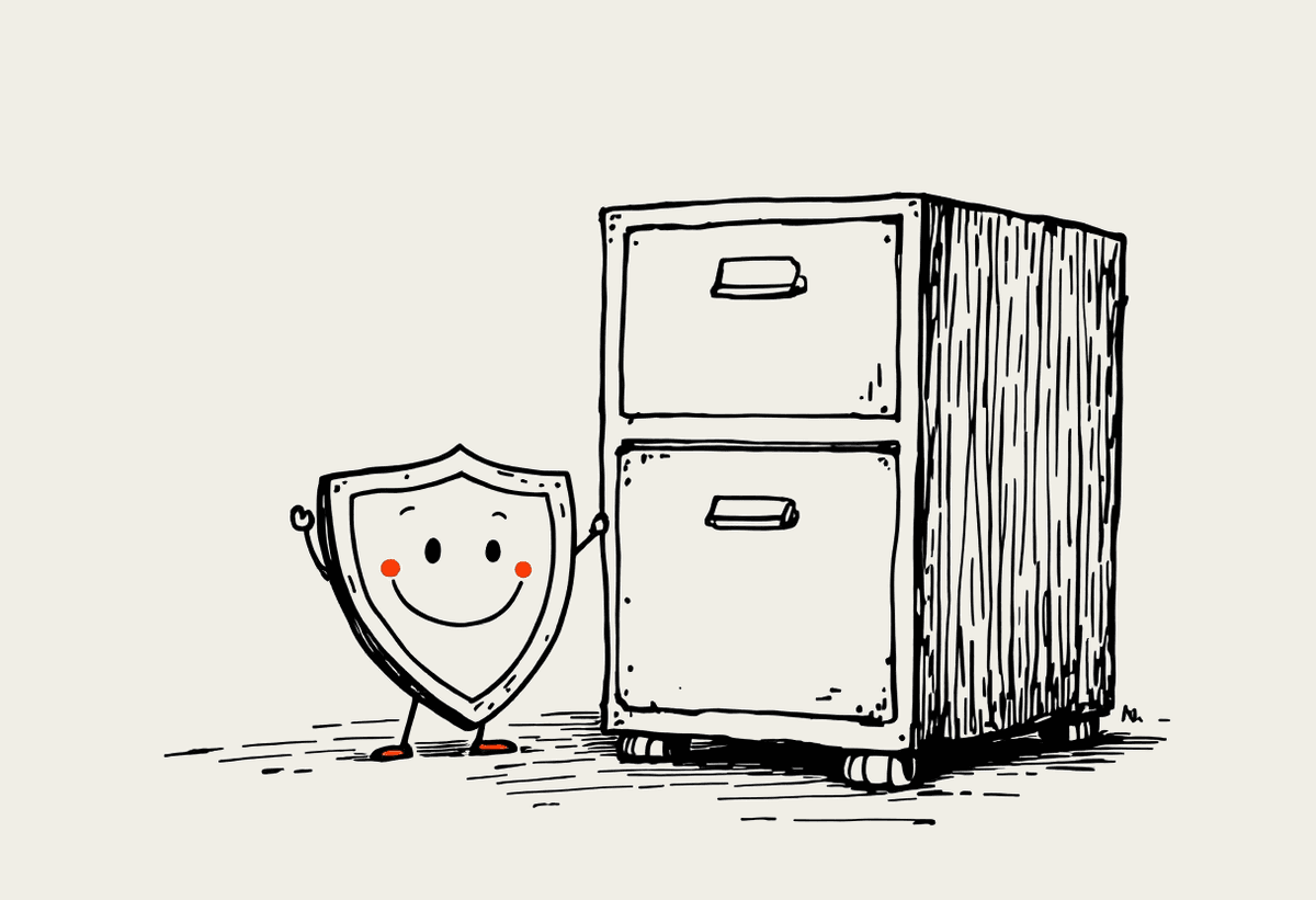 Hand-drawn illustration of a small filing cabinet with a friendly shield character standing beside it