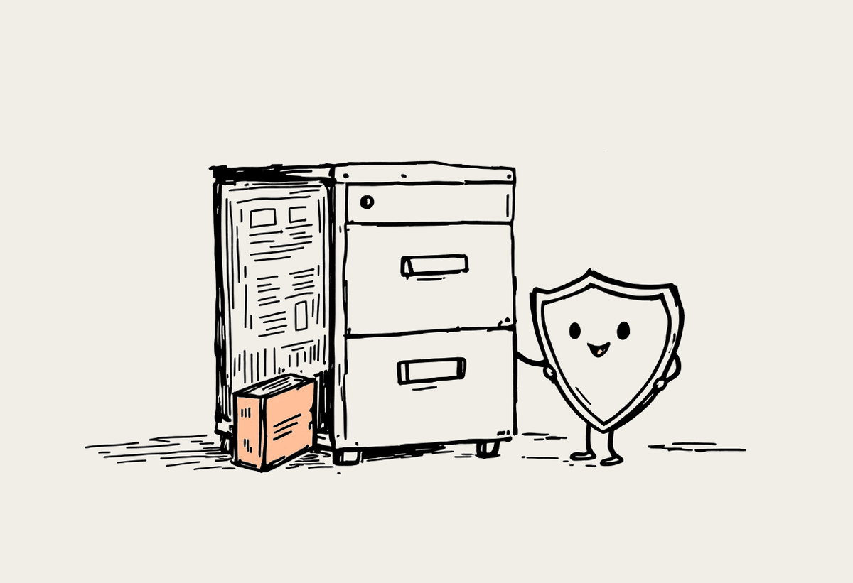 Hand-drawn illustration of a filing cabinet with a friendly shield character standing beside it