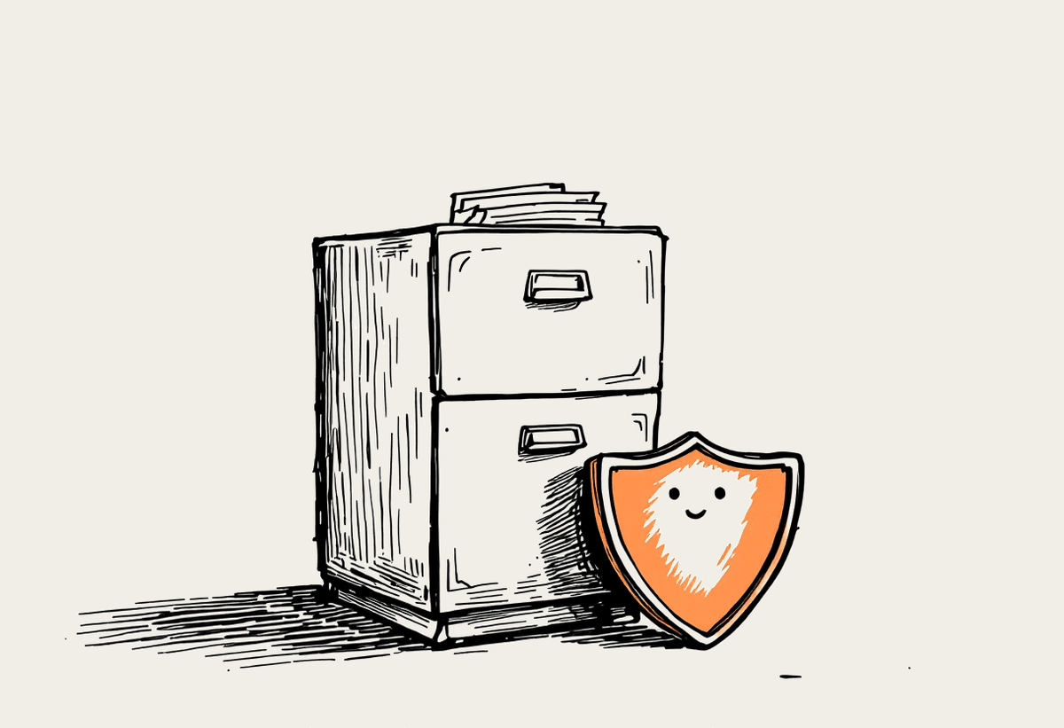Hand-drawn filing cabinet with a friendly shield character standing guard beside it