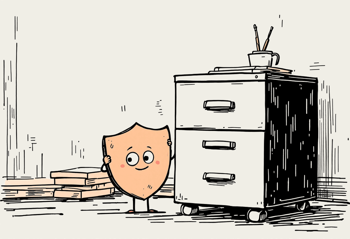Hand-drawn illustration of an office filing cabinet with a friendly shield character standing beside it