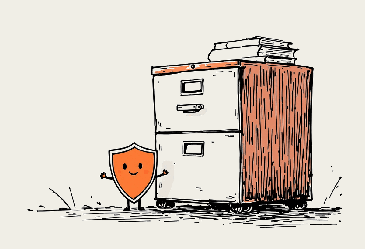 Hand-drawn notebook illustration of a filing cabinet with a friendly shield character beside it, representing AI governance
