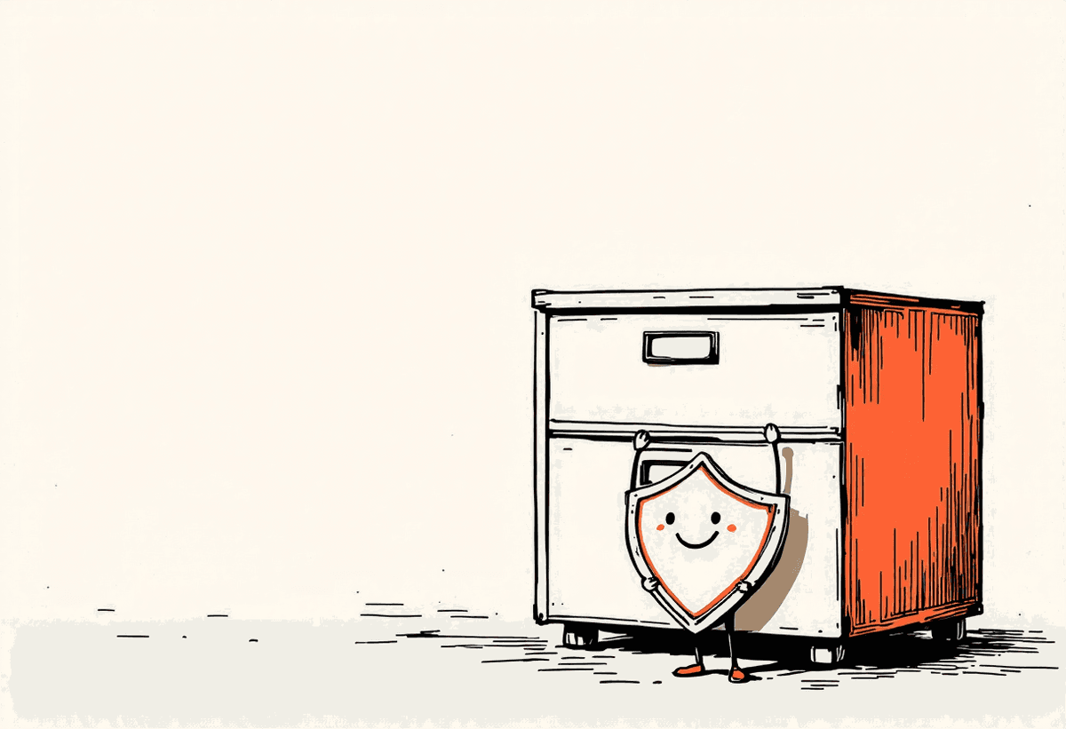 Hand-drawn filing cabinet with a friendly shield character standing beside it