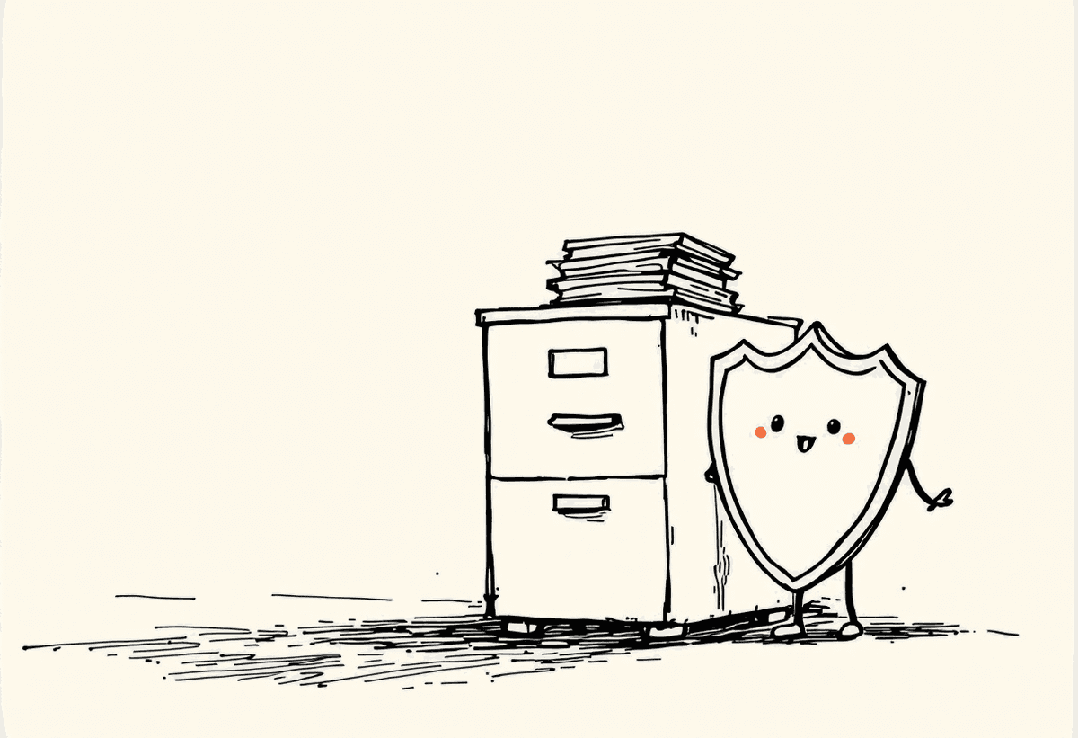 Hand-drawn illustration of a filing cabinet with a friendly shield character standing beside it