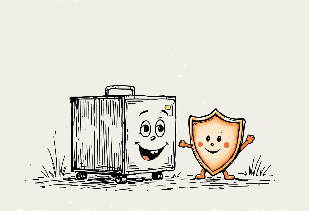 Hand-drawn illustration of a filing cabinet with a friendly shield character standing guard beside it