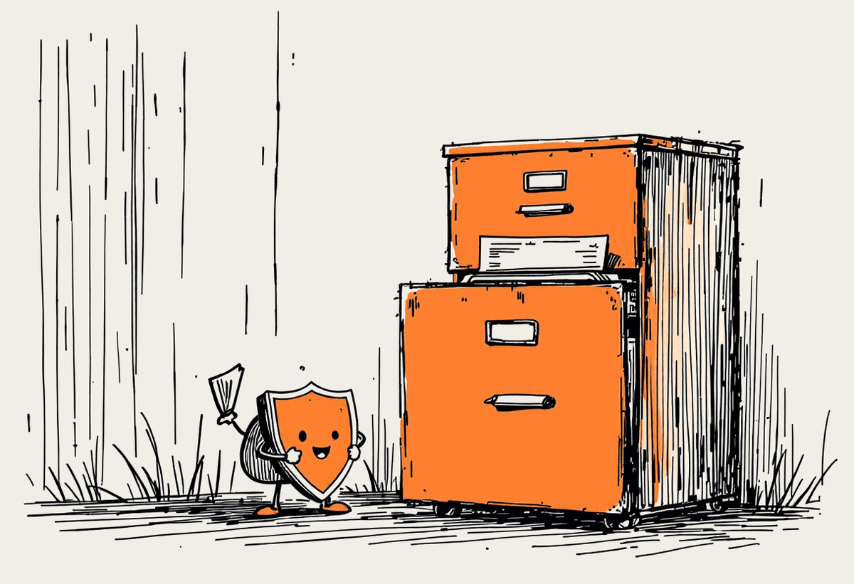 Hand-drawn illustration of a filing cabinet guarded by a friendly shield character, representing data sovereignty controls