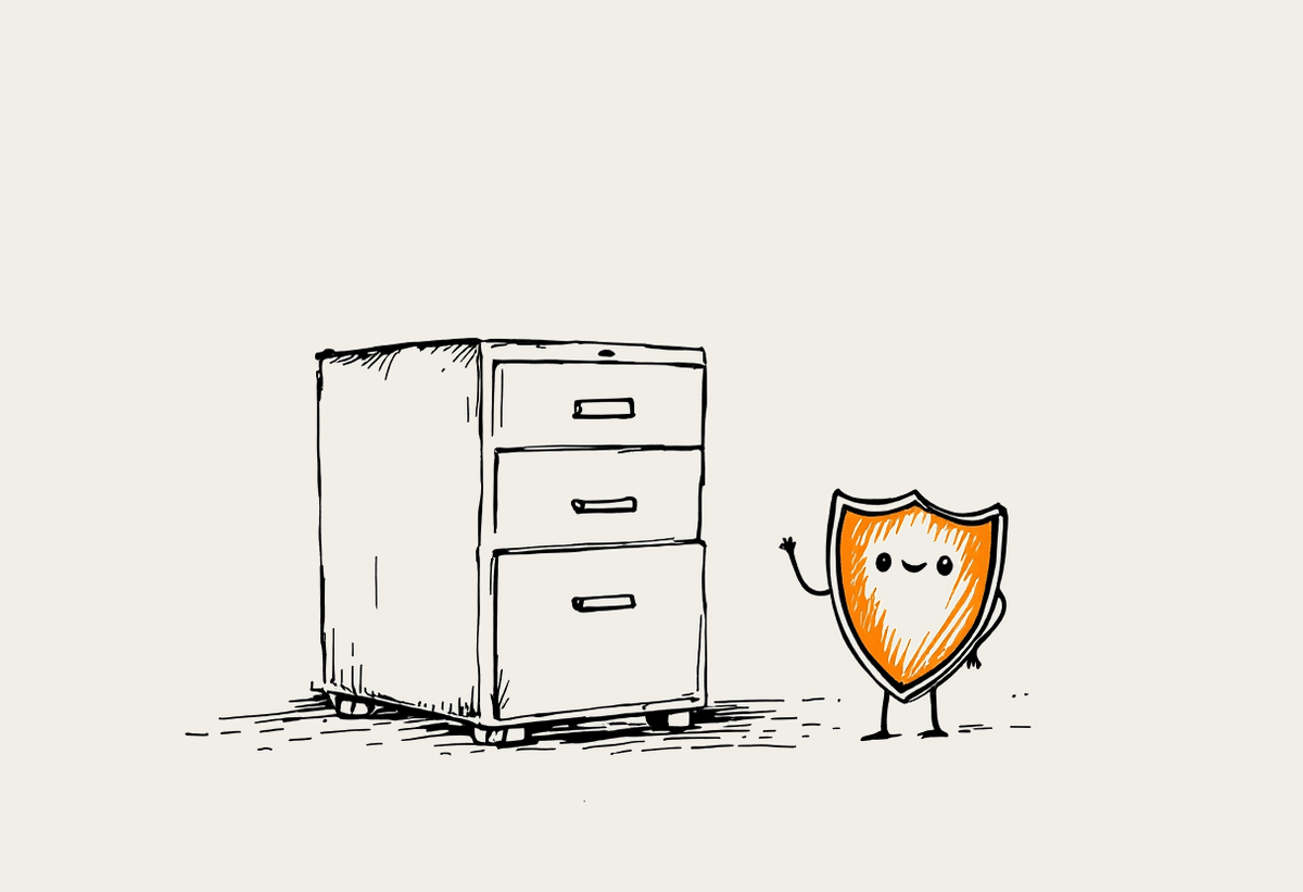 Hand-drawn filing cabinet with a friendly shield character standing guard beside it, representing protected client data