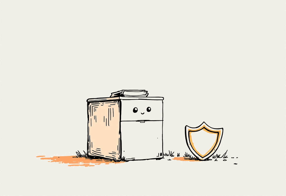 Hand-drawn illustration of a filing cabinet with a small shield character, representing software licensing