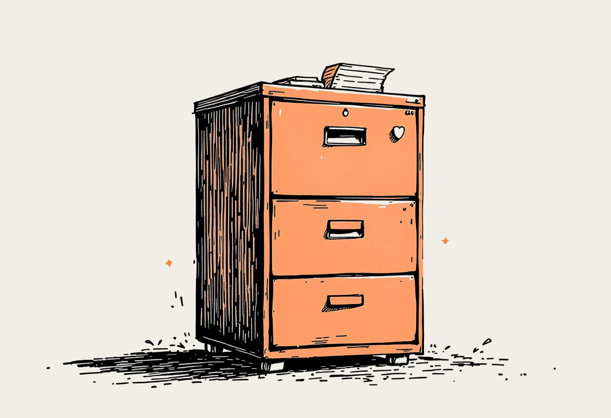 Hand-drawn filing cabinet and shield representing financial services compliance and governance