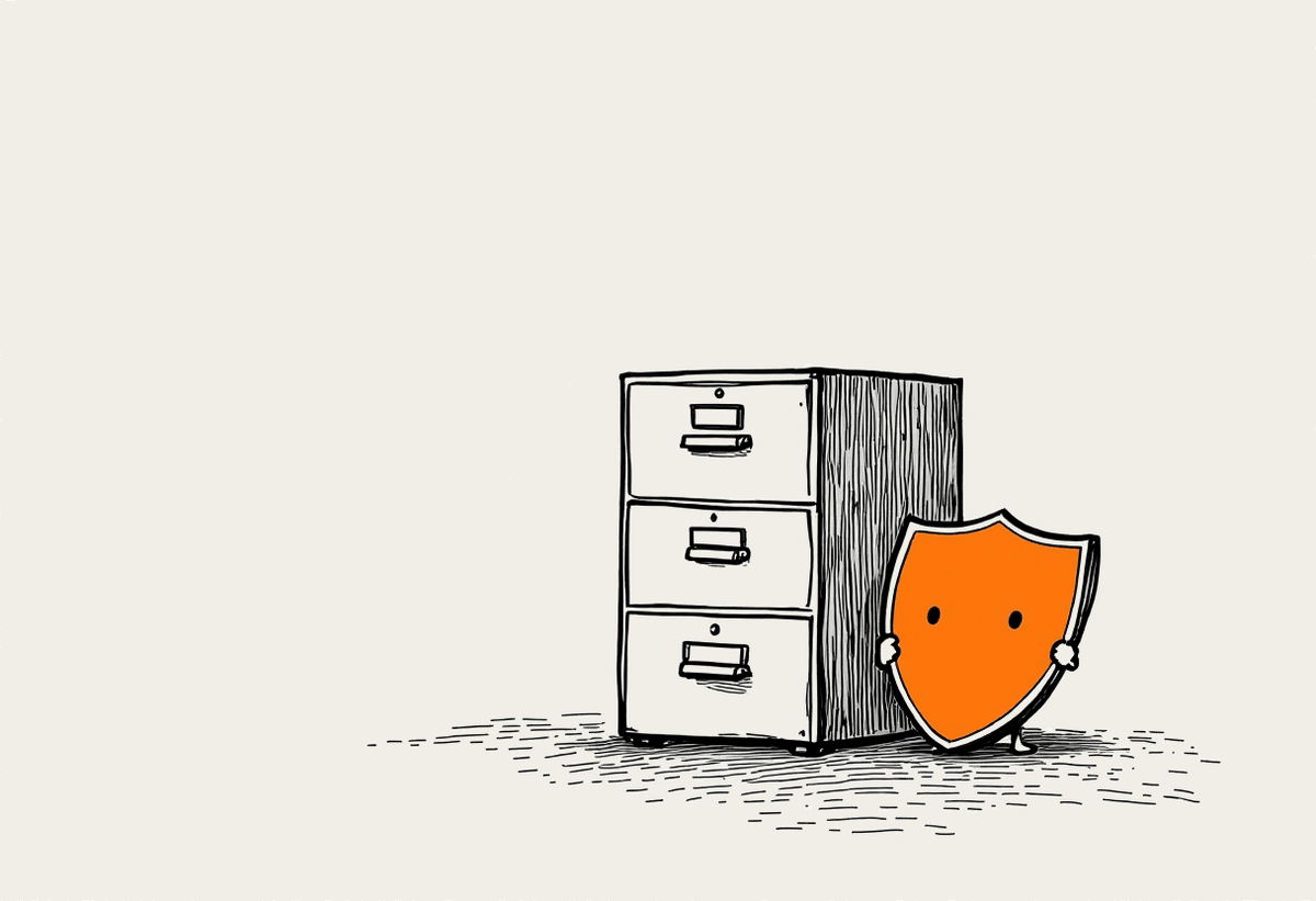 Hand-drawn filing cabinet with a small shield character beside it, representing governance of shared AI tools