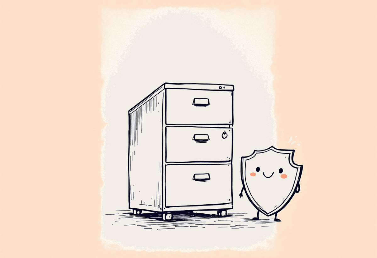 Hand-drawn filing cabinet with a shield character, illustrating account security
