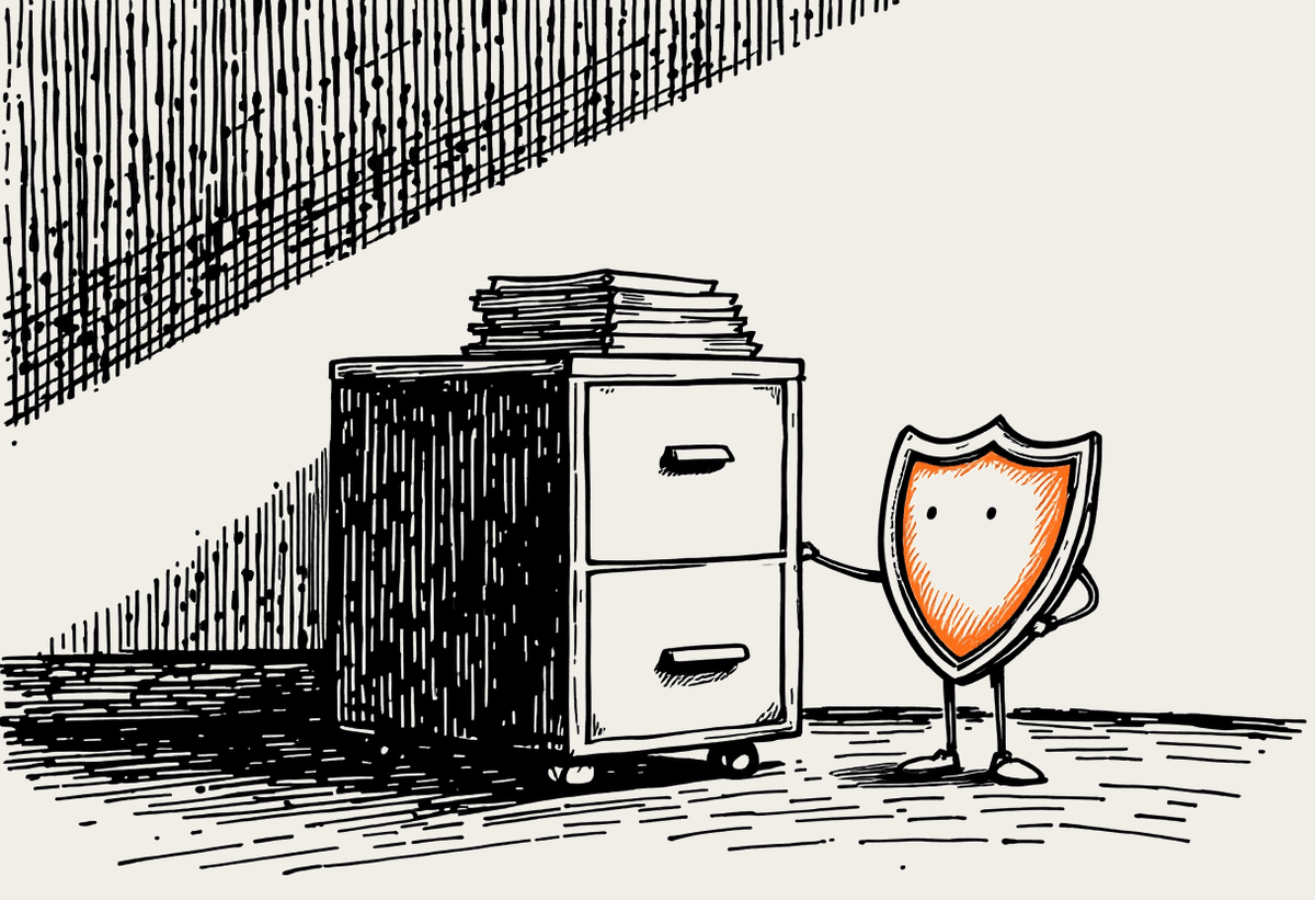 Hand-drawn illustration of an office filing cabinet with a friendly shield character standing beside it