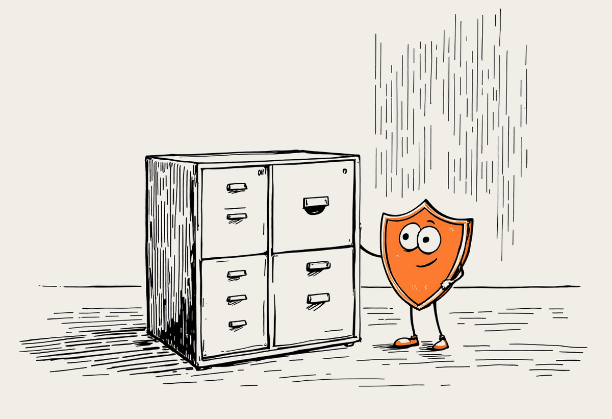 Hand-drawn illustration of an office filing cabinet with a friendly shield character standing beside it