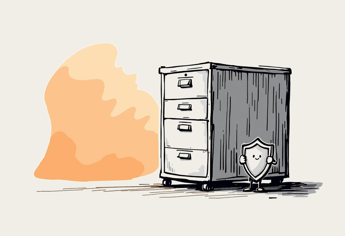 Hand-drawn illustration of a filing cabinet with a friendly shield character beside it, representing protected defence documentation