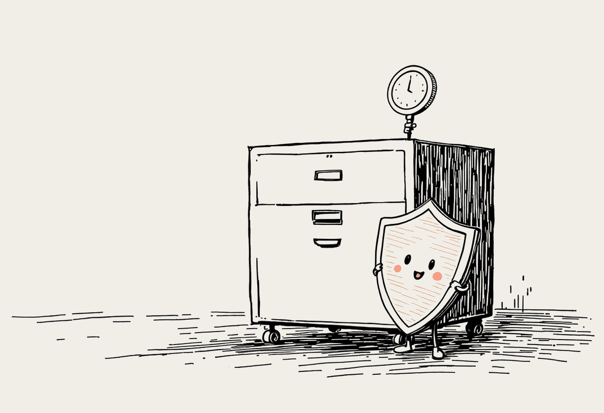 Hand-drawn illustration of a filing cabinet with a friendly shield character standing beside it