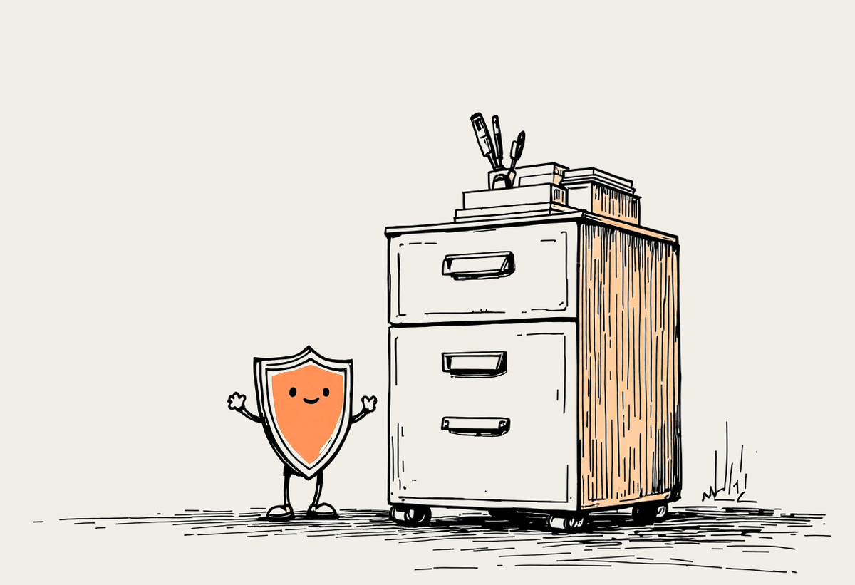 Hand-drawn illustration of an office filing cabinet with a friendly shield character standing beside it