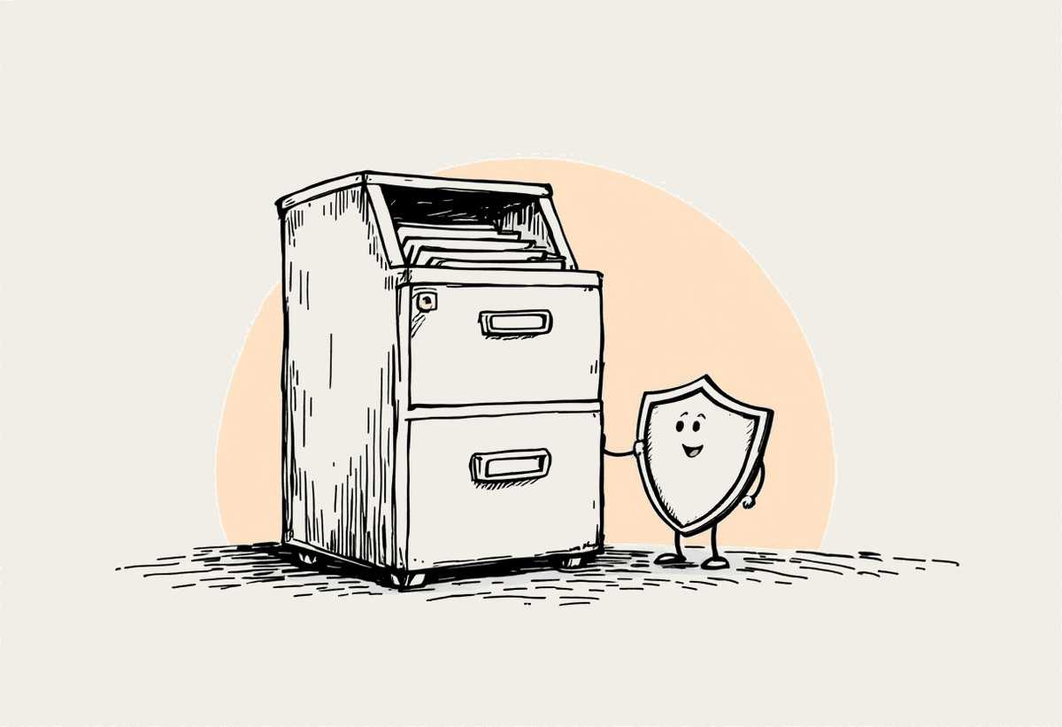 Hand-drawn illustration of a filing cabinet with a friendly shield character standing beside it