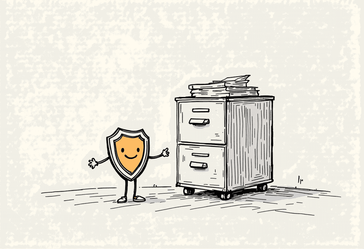 Hand-drawn illustration of a filing cabinet with a small shield character beside it, representing accounting compliance