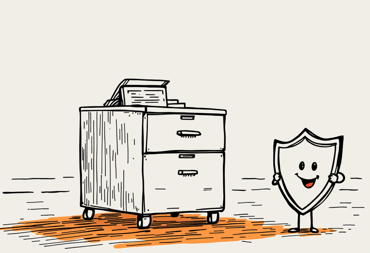 Hand-drawn illustration of a filing cabinet with a shield character representing AI safety governance