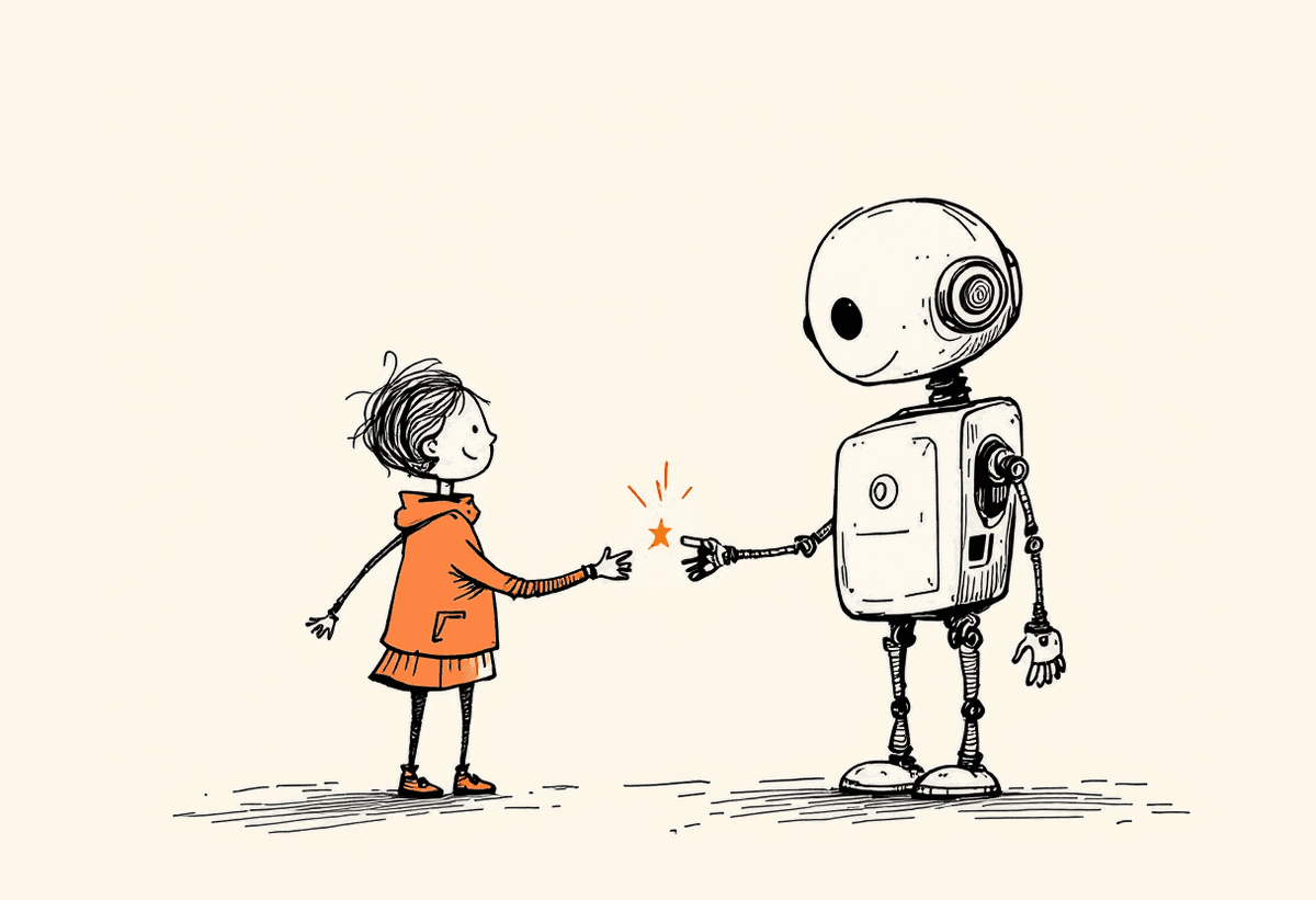 Hand-drawn illustration of a person and a friendly robot shaking hands, a small spark where their hands meet