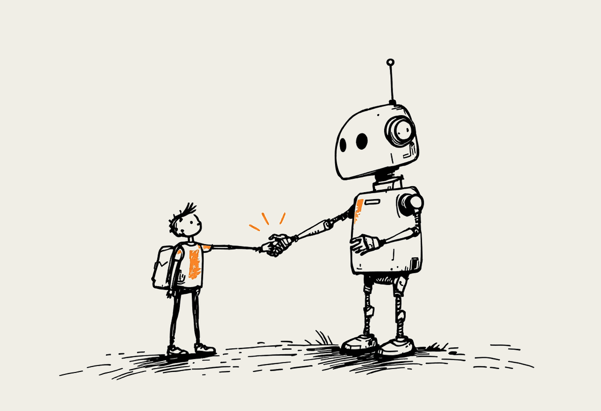 Hand-drawn illustration of a person and a friendly robot shaking hands with a small spark between them