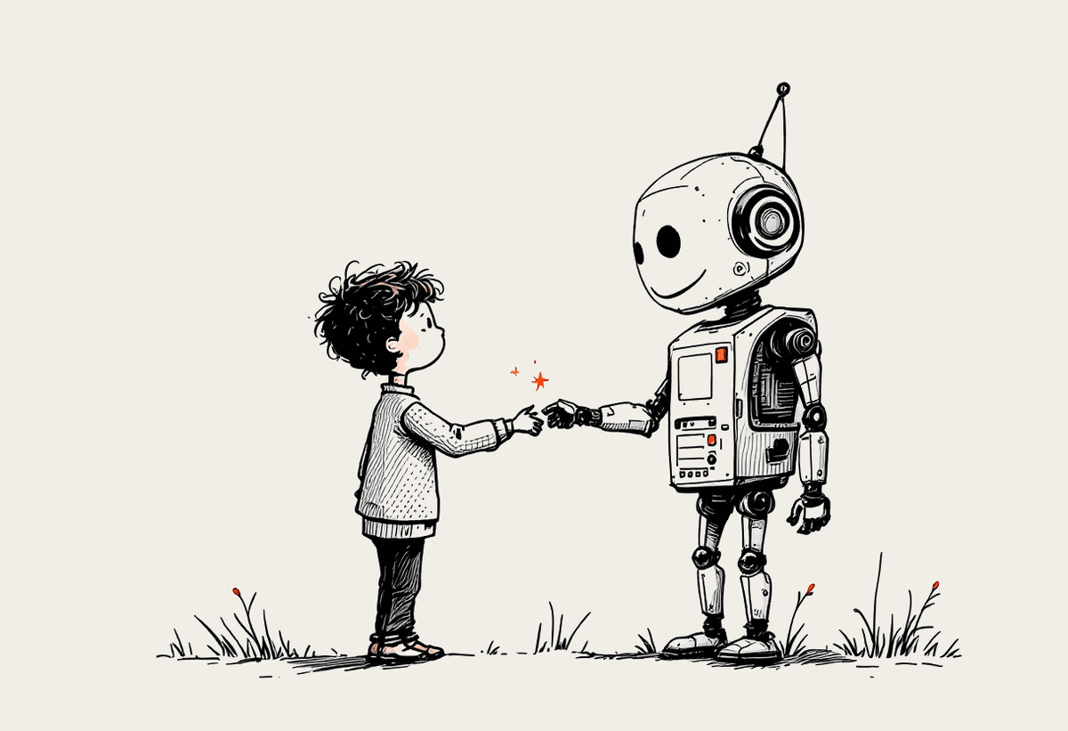 Hand-drawn illustration of a person and a friendly robot shaking hands, a small spark where their hands meet