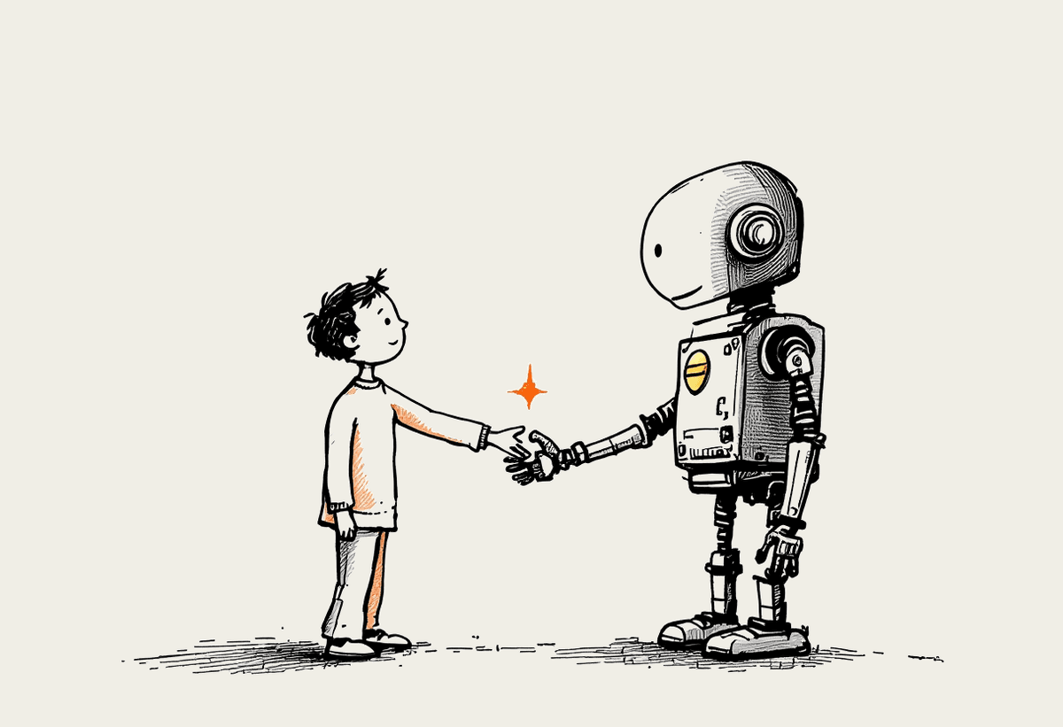 Hand-drawn illustration of a person and a friendly robot shaking hands, representing human and Claude collaboration on customer support
