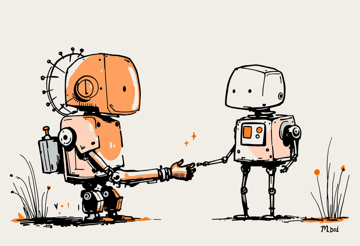Hand-drawn illustration of a person and a friendly robot shaking hands with a small spark between them