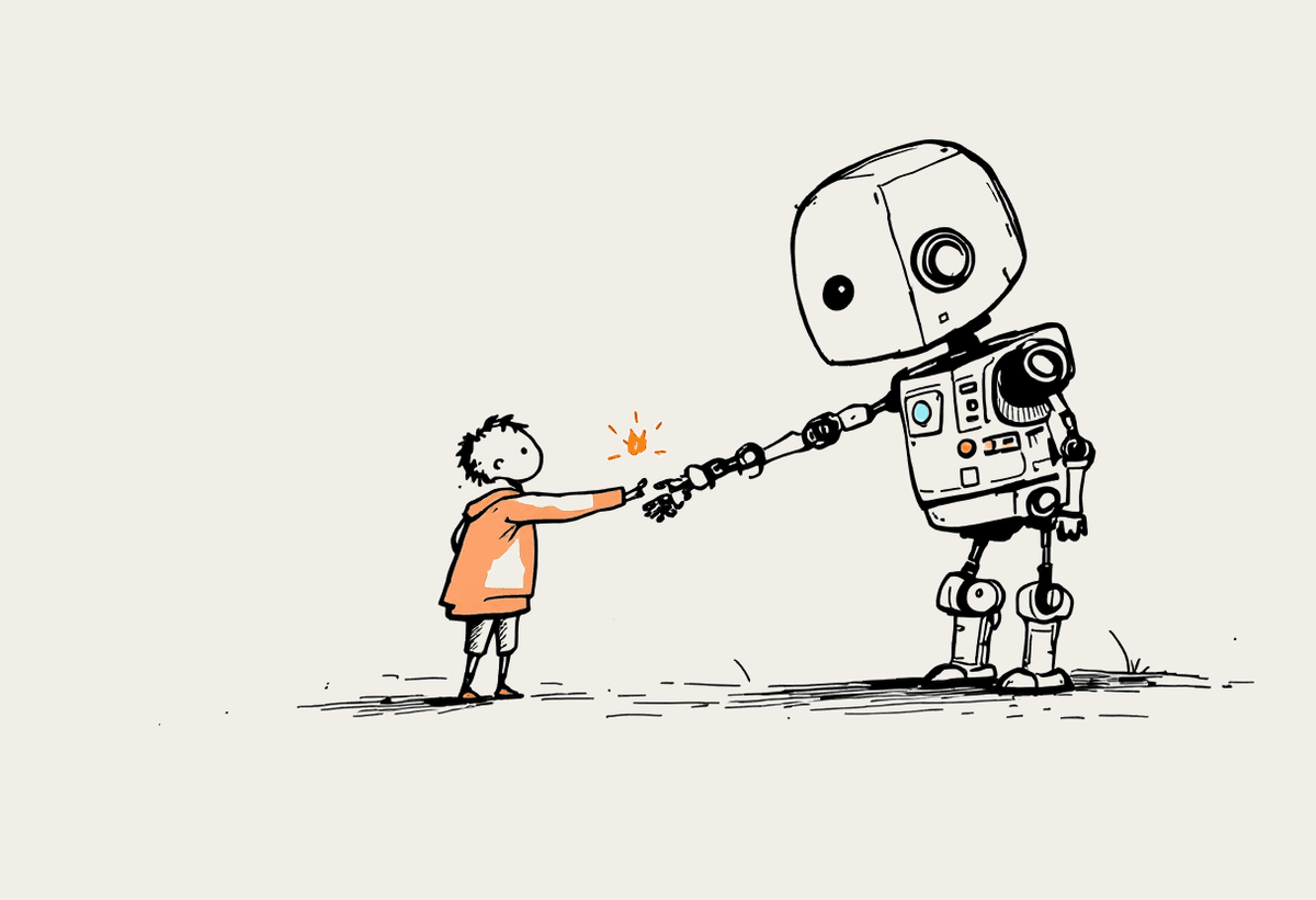 Hand-drawn illustration of a person and a friendly robot shaking hands with a small spark where their hands meet