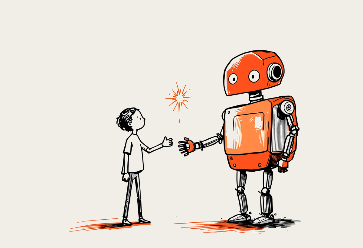 Hand-drawn illustration of a person and a friendly robot shaking hands, a small spark where their hands meet