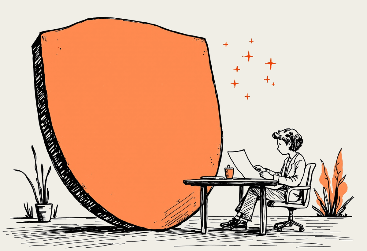Hand-drawn illustration of a person reviewing paperwork beside a protective shield
