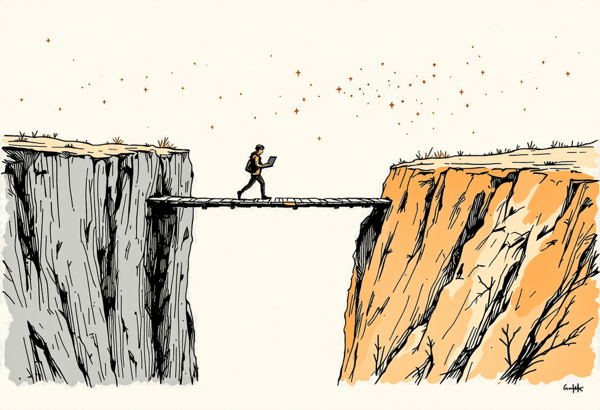 Hand-drawn notebook illustration of a person carrying a laptop crossing a plank bridge over a gap toward a higher ledge