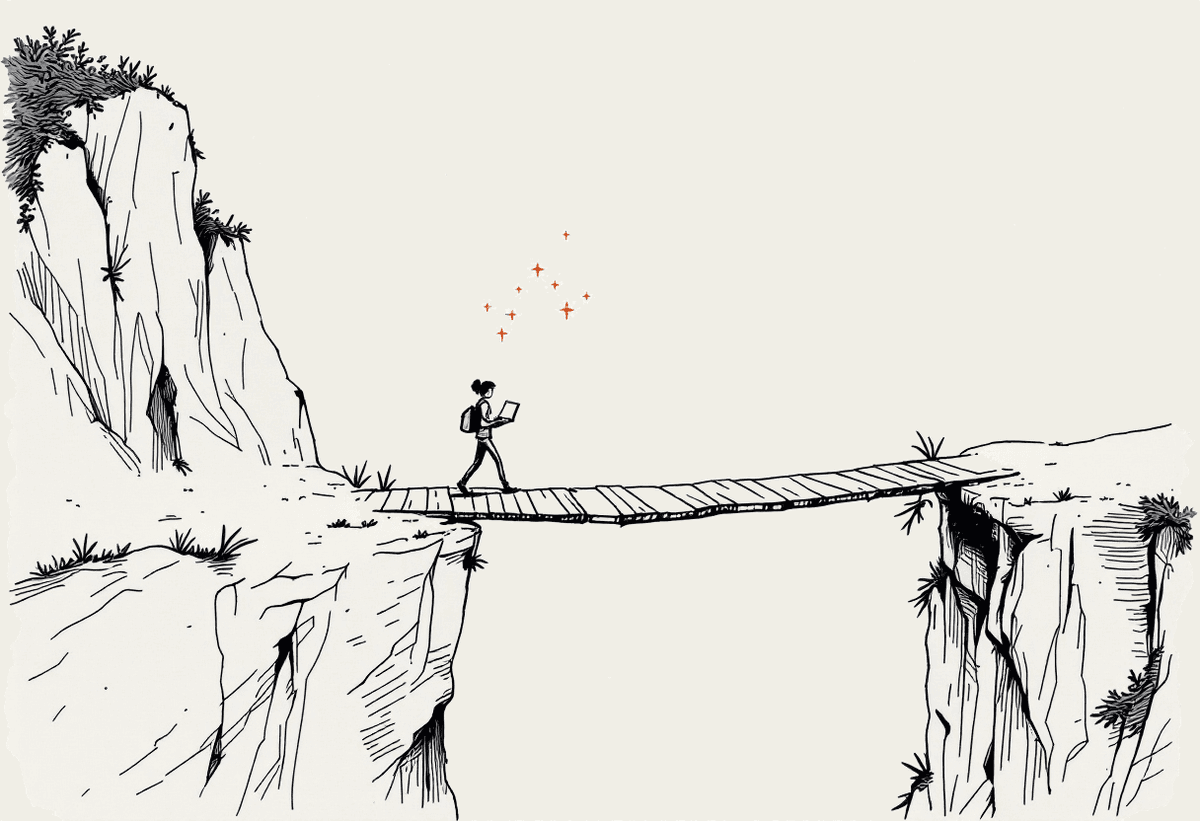 Hand-drawn illustration of a person carrying a laptop across a plank bridge from a low cliff to a higher ledge