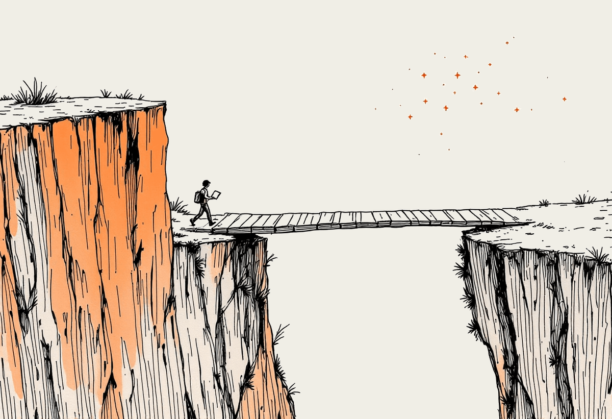 Hand-drawn illustration of a person carrying a laptop crossing a plank bridge from a low cliff to a higher ledge