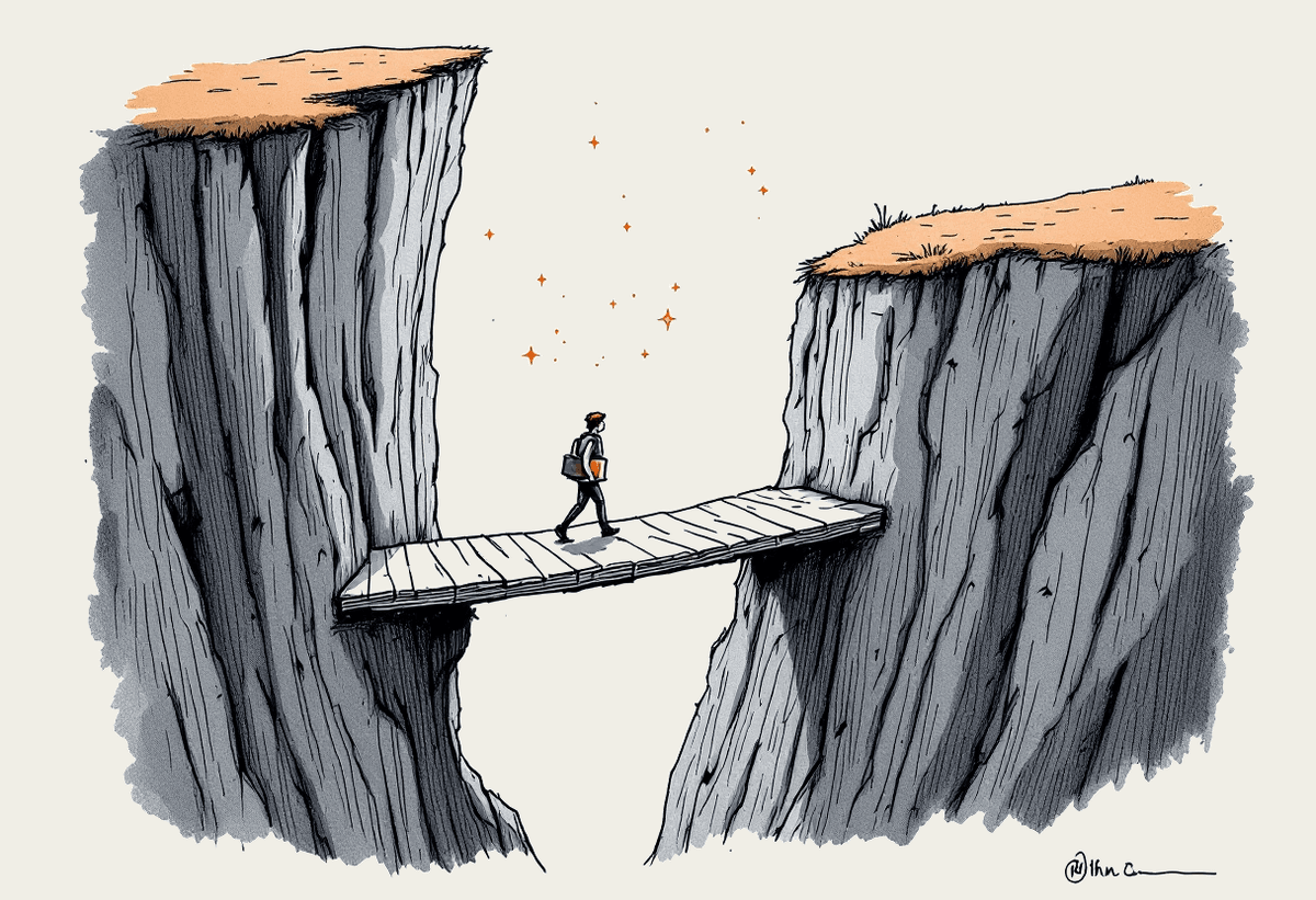 Hand-drawn illustration of a person carrying a laptop crossing a plank bridge from a low cliff to a higher ledge