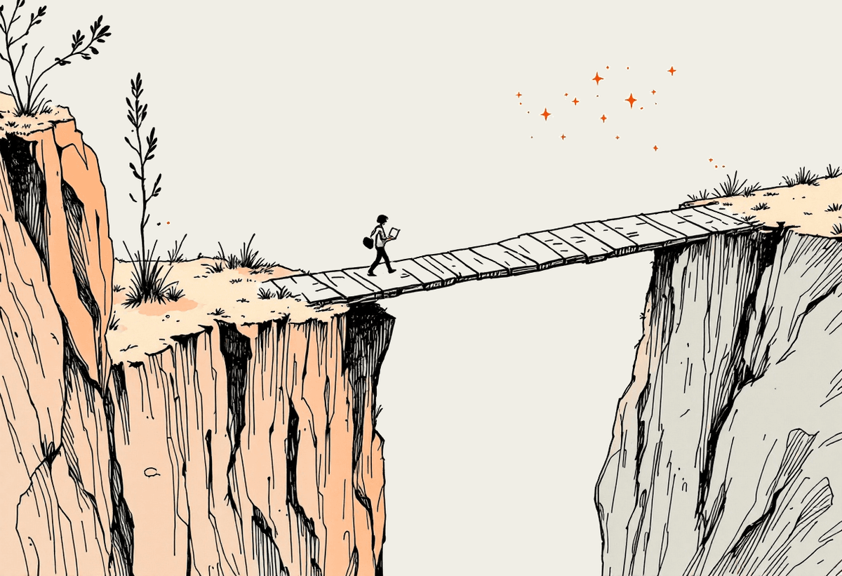 Hand-drawn illustration of a founder crossing a plank bridge from a low cliff up to a higher ledge while carrying a laptop