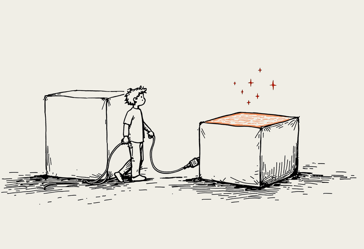 Hand-drawn illustration of a person moving a plug from one box to a terracotta box